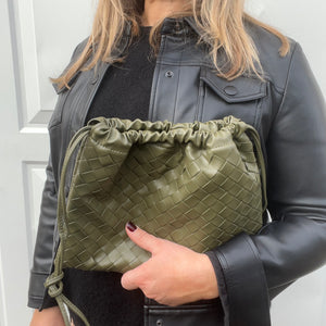 Khaki Faux Weavy Clutch/ Crossbody Bag