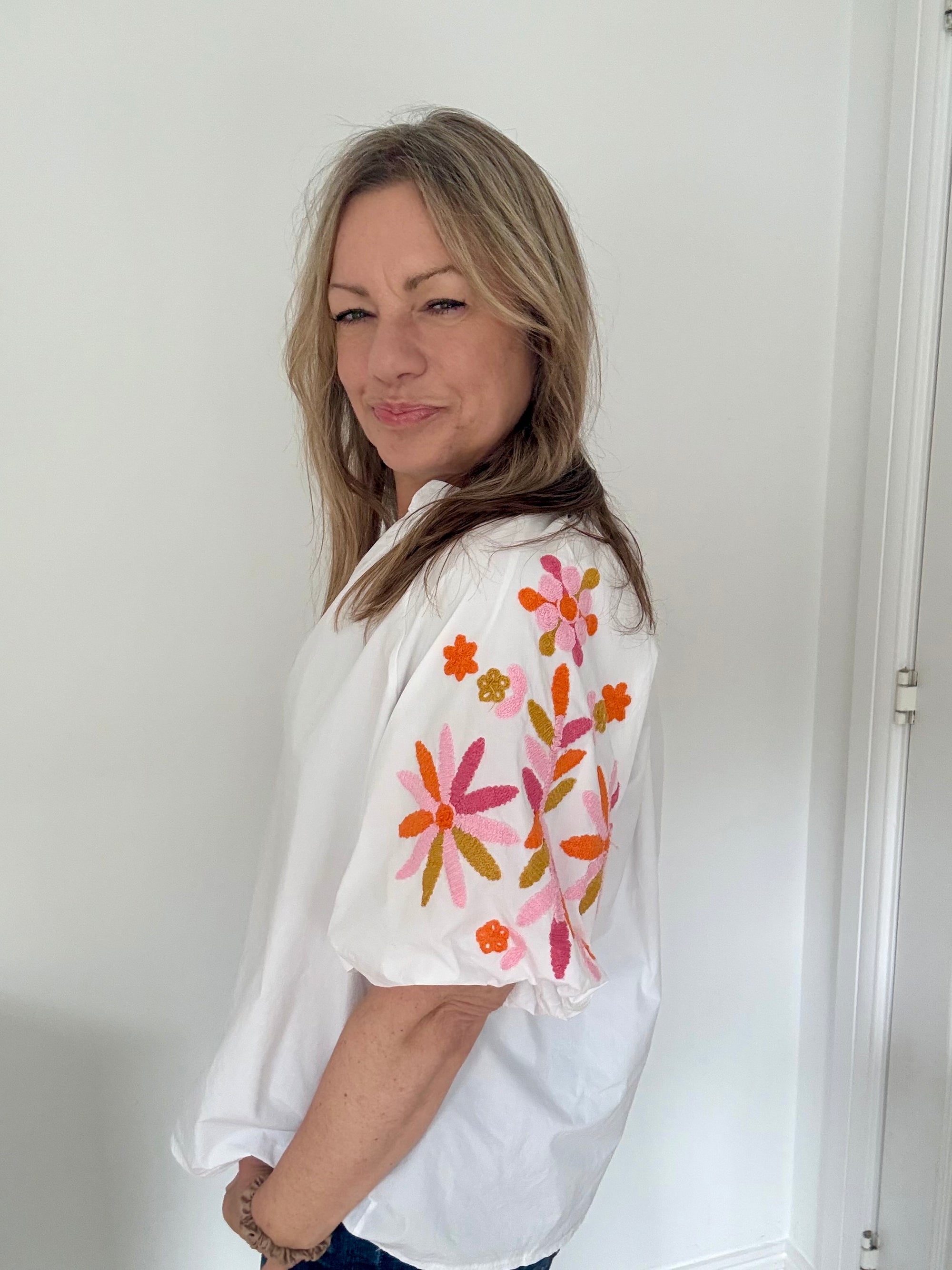 White Embroidered Sleeve Cotton Blouse