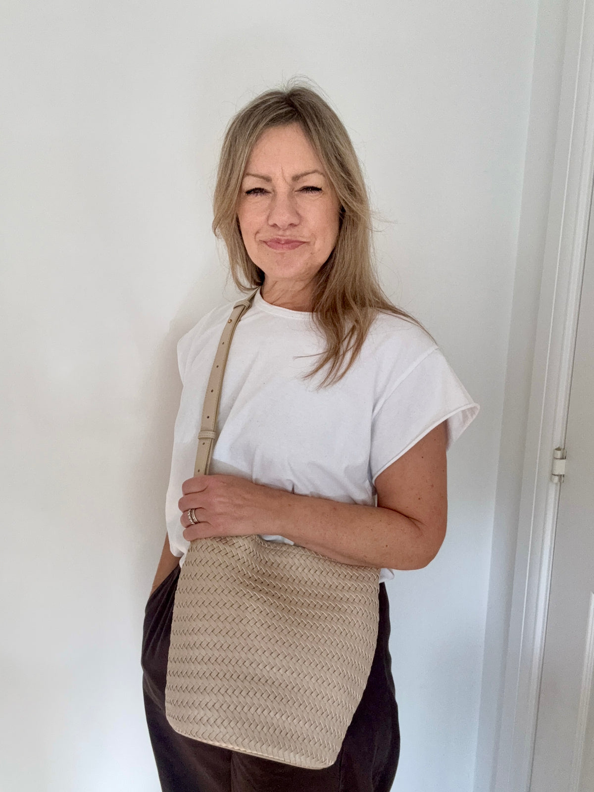 Cream Faux Leather Weave Crossbody Bag