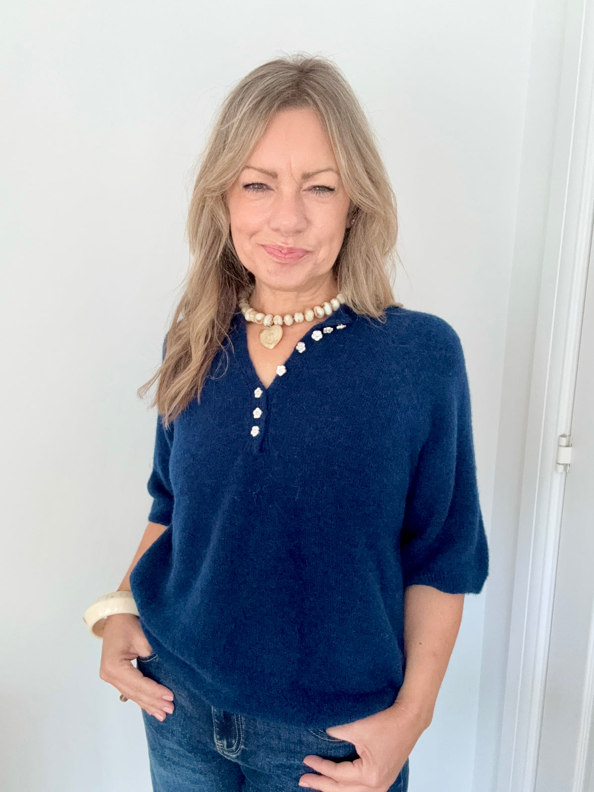Navy Button Detail 3/4 Sleeve Jumper