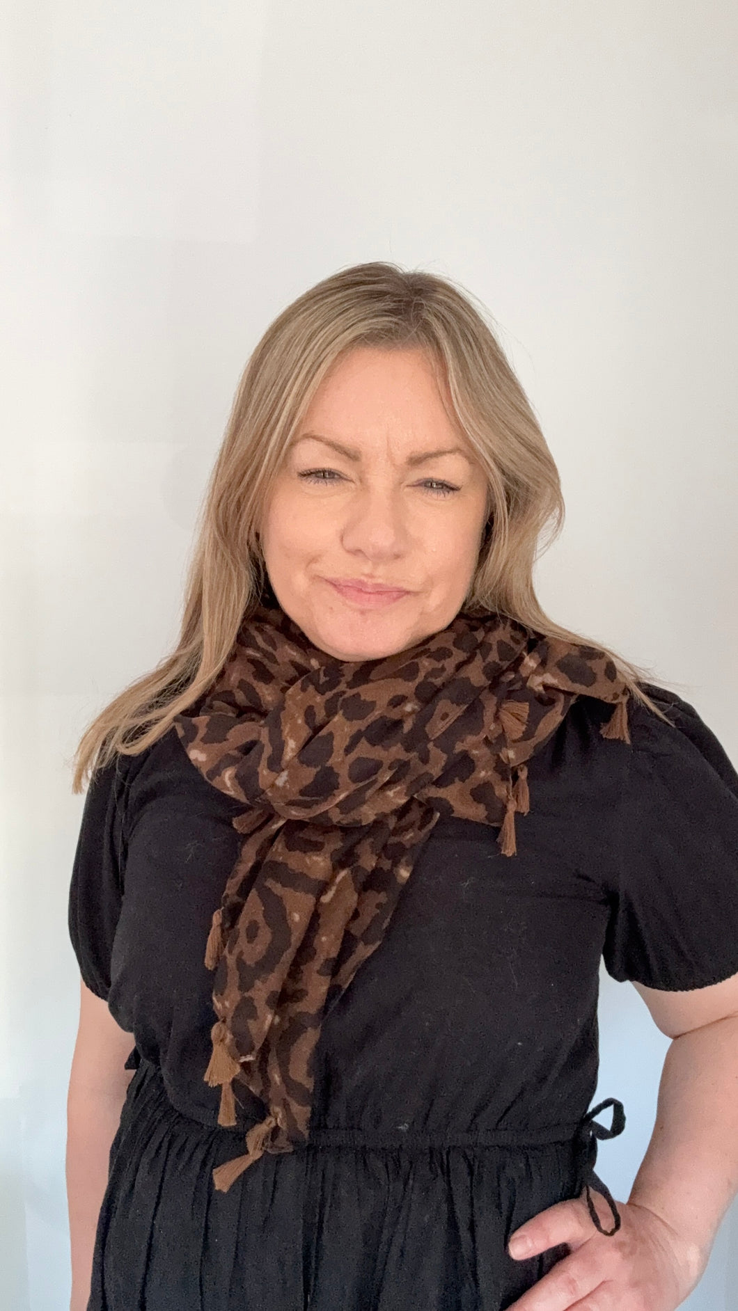Brown Mix Animal Print Scarf with Brown Tassels