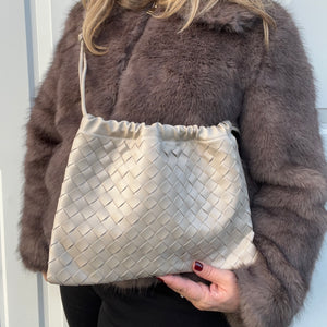 Cream Faux Weavy Clutch/ Crossbody Bag