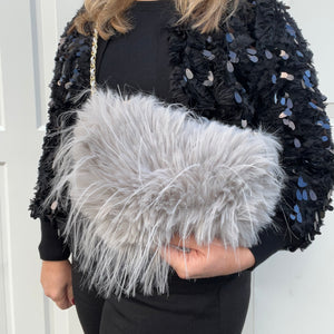 Light Grey Pom Pom Faux Fur Clutch/ Crossbody Bag