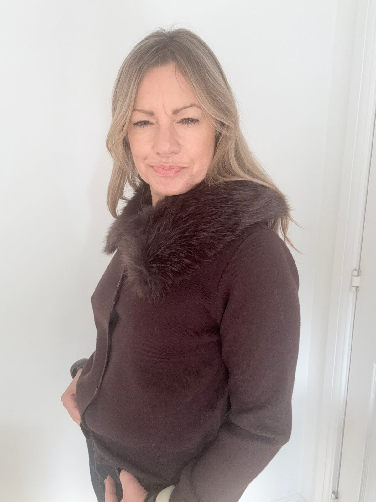 Dark Brown Faux Fur Collar Cardigan