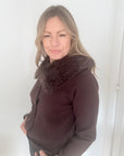 Dark Brown Faux Fur Collar Cardigan