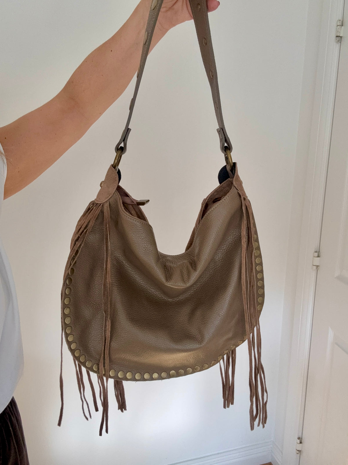 Dark Taupe Studded Suede Shoulder/ Crossbody Bag with Fringing