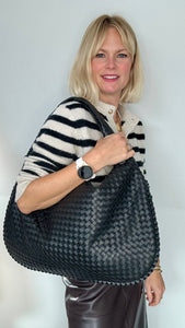 Black Faux Leather Weave Tote Bag