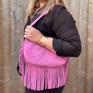 Pink Suede Fringed Crossbody Bag