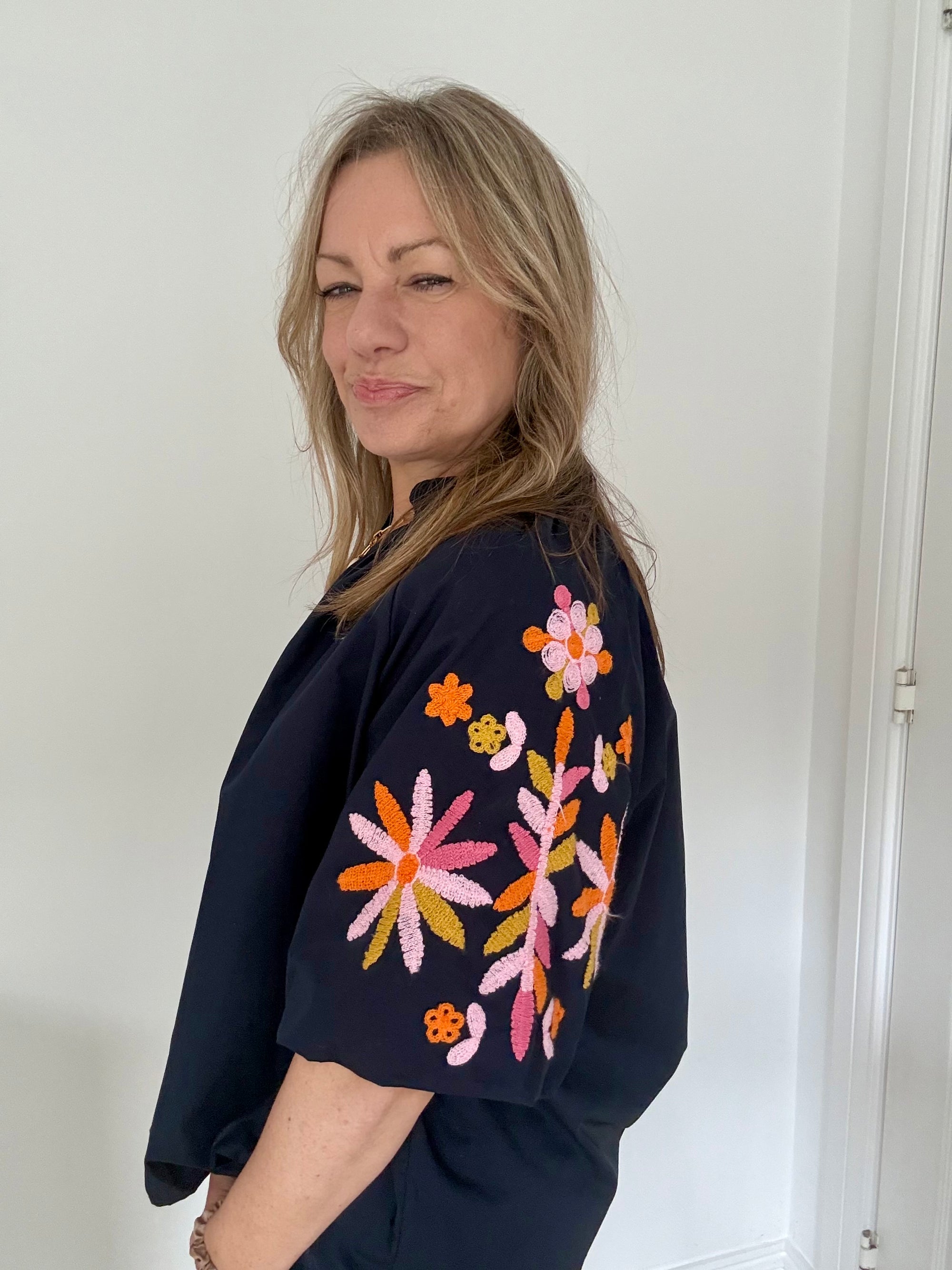 Navy Embroidered Sleeve Cotton Blouse