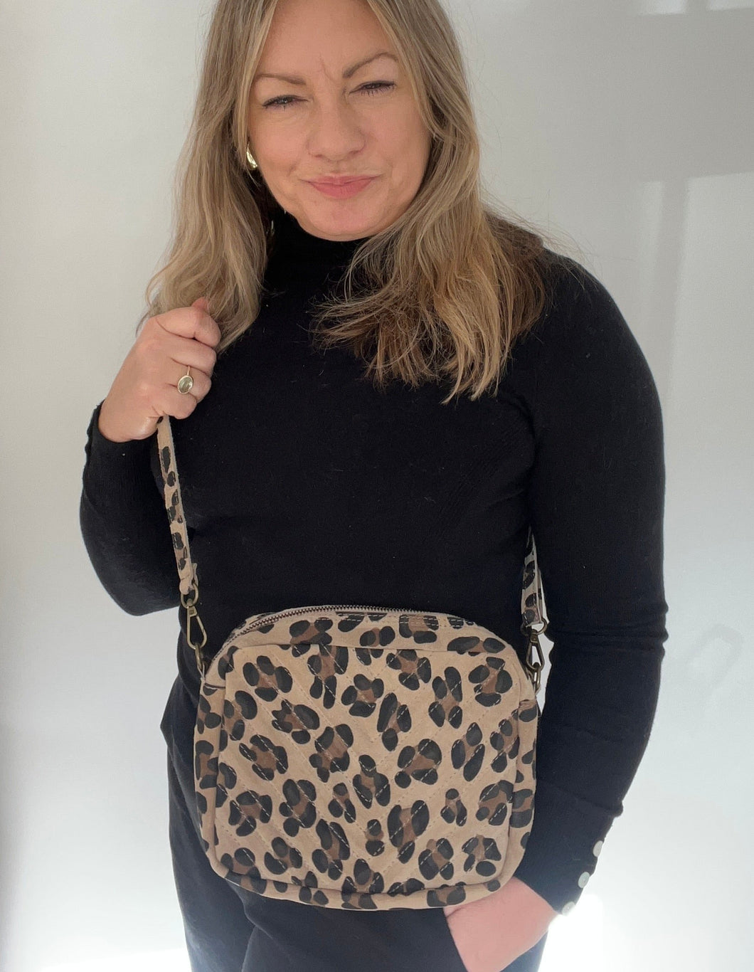 Leopard Suede Chevron Crossbody Bag