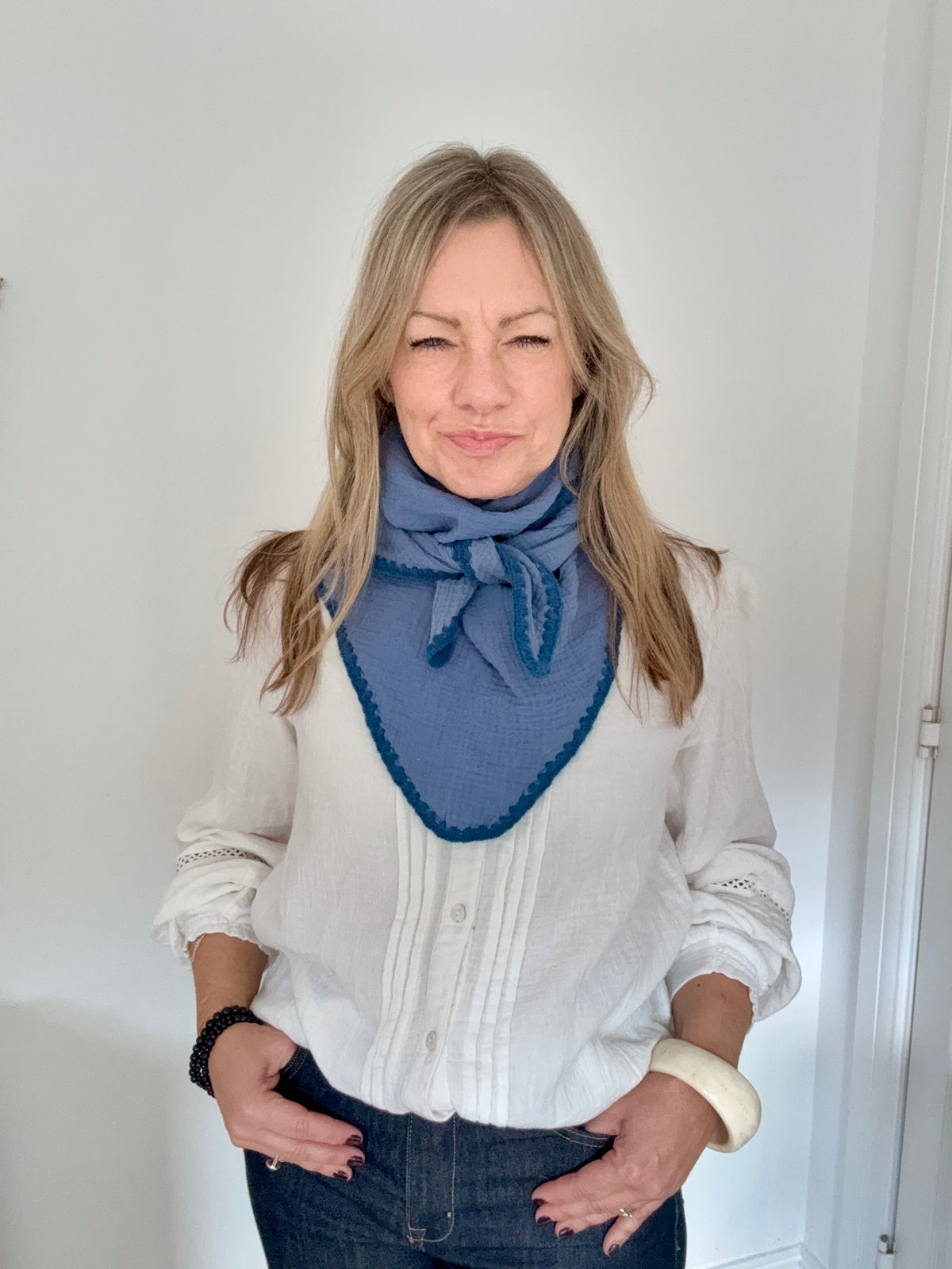 Blue &amp; Mid-Navy Cotton Mid-Length Triangle Scarf/ Necktie