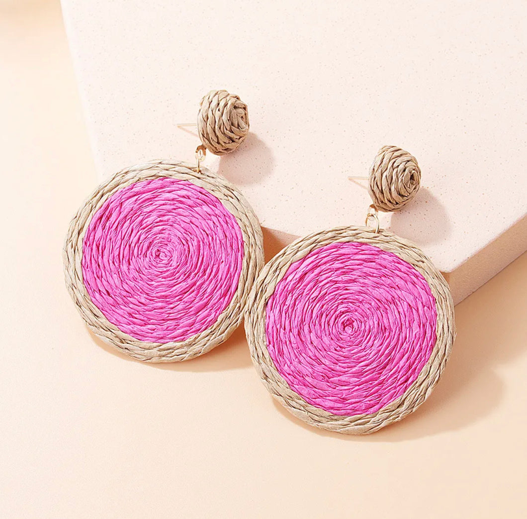 Bright Pink Raffia Statement Earrings