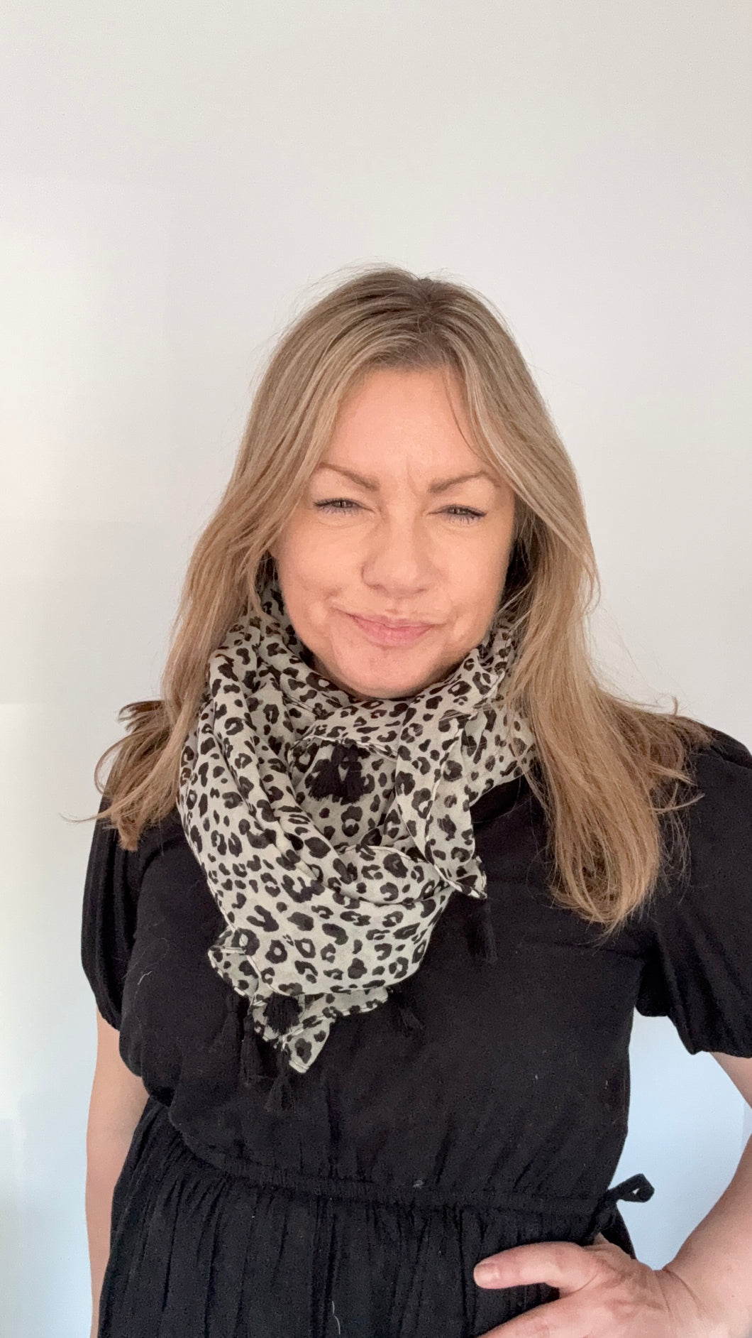 Stone Animal Print Scarf With Black Tassels