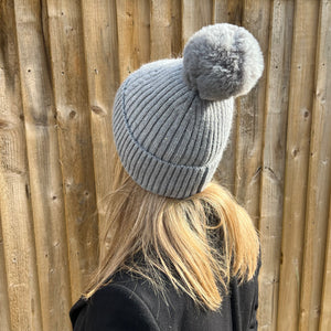 Light Grey Sequin Knitted Pom Pom Hat Amelia Rose Accessories