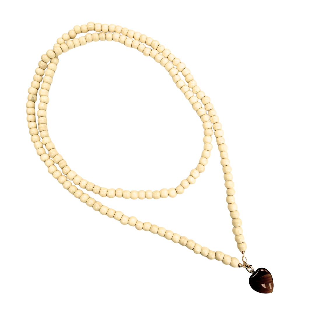 Cream Long Wooden Beaded Necklace with Brown Resin Heart