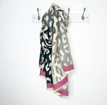 Load image into Gallery viewer, Grey &amp; Black Animal Print Scarf With Pink Border
