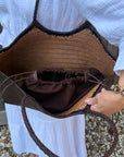 Dark Brown Leather Weave Tote Bag