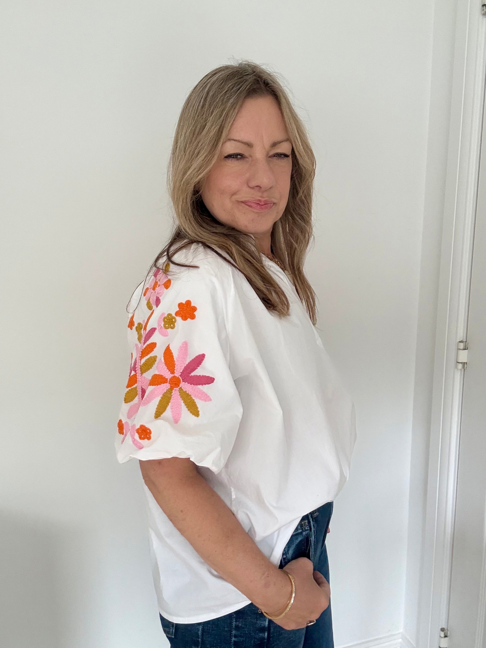 White Embroidered Sleeve Cotton Blouse