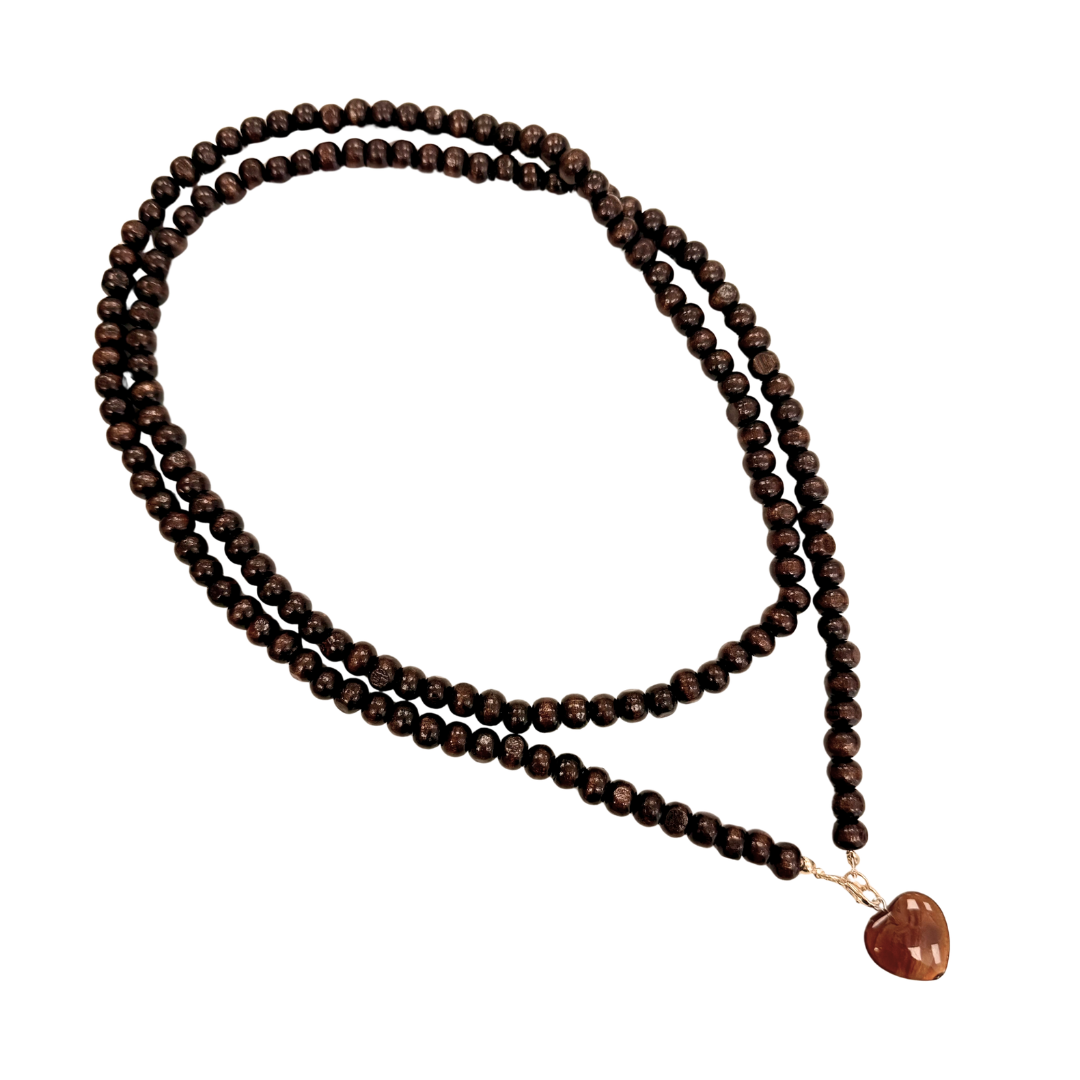 Dark Brown Long Wooden Beaded Necklace with Brown Resin Heart