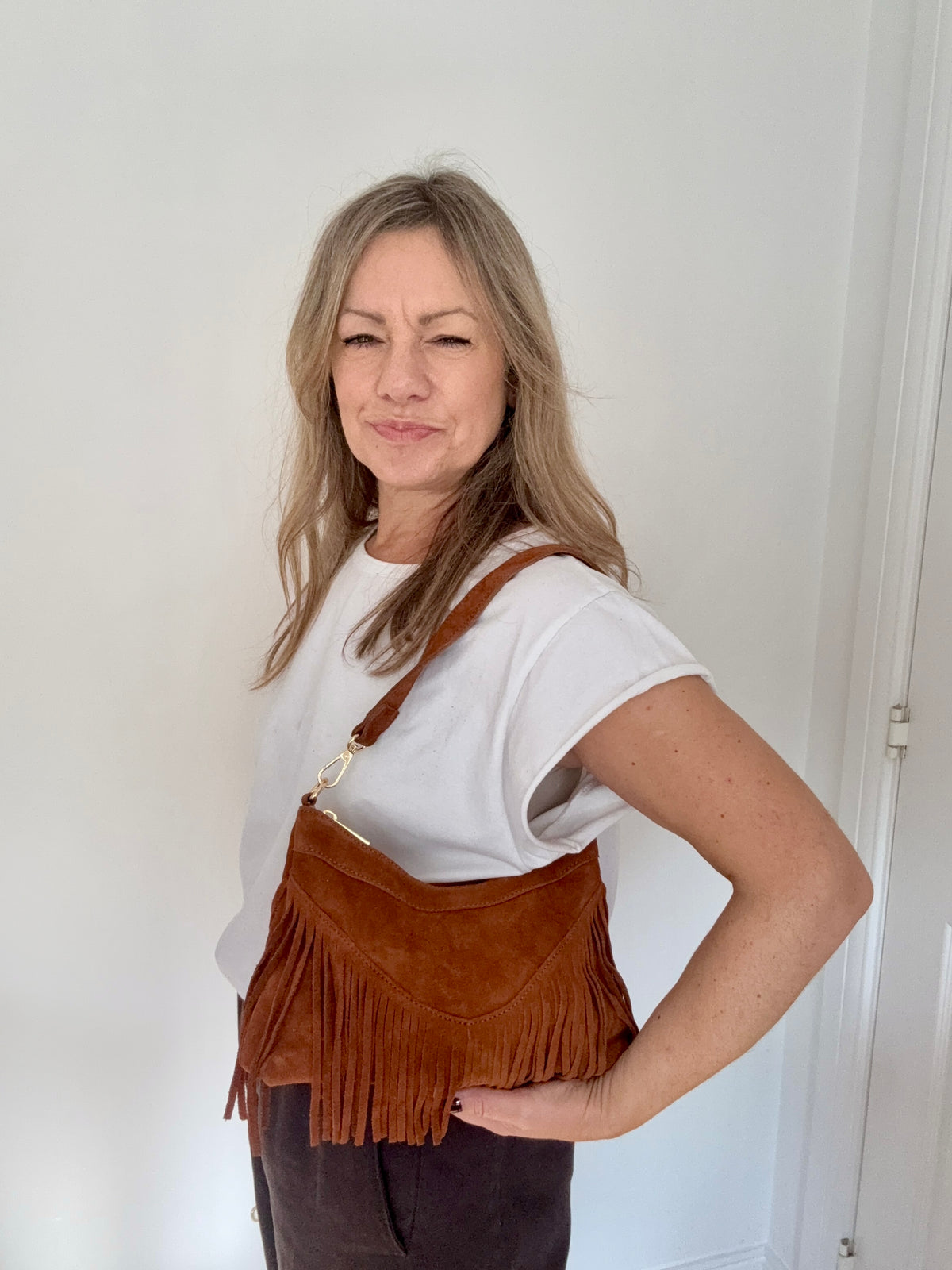 Dark Tan Suede Shoulder/ Crossbody Bag with Fringing