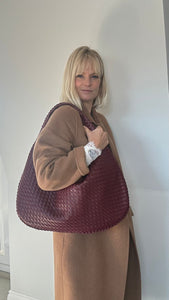 Burgundy Faux Leather Weave Tote Bag