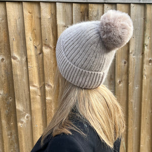 Taupe Sequin Knitted Pom Pom Hat