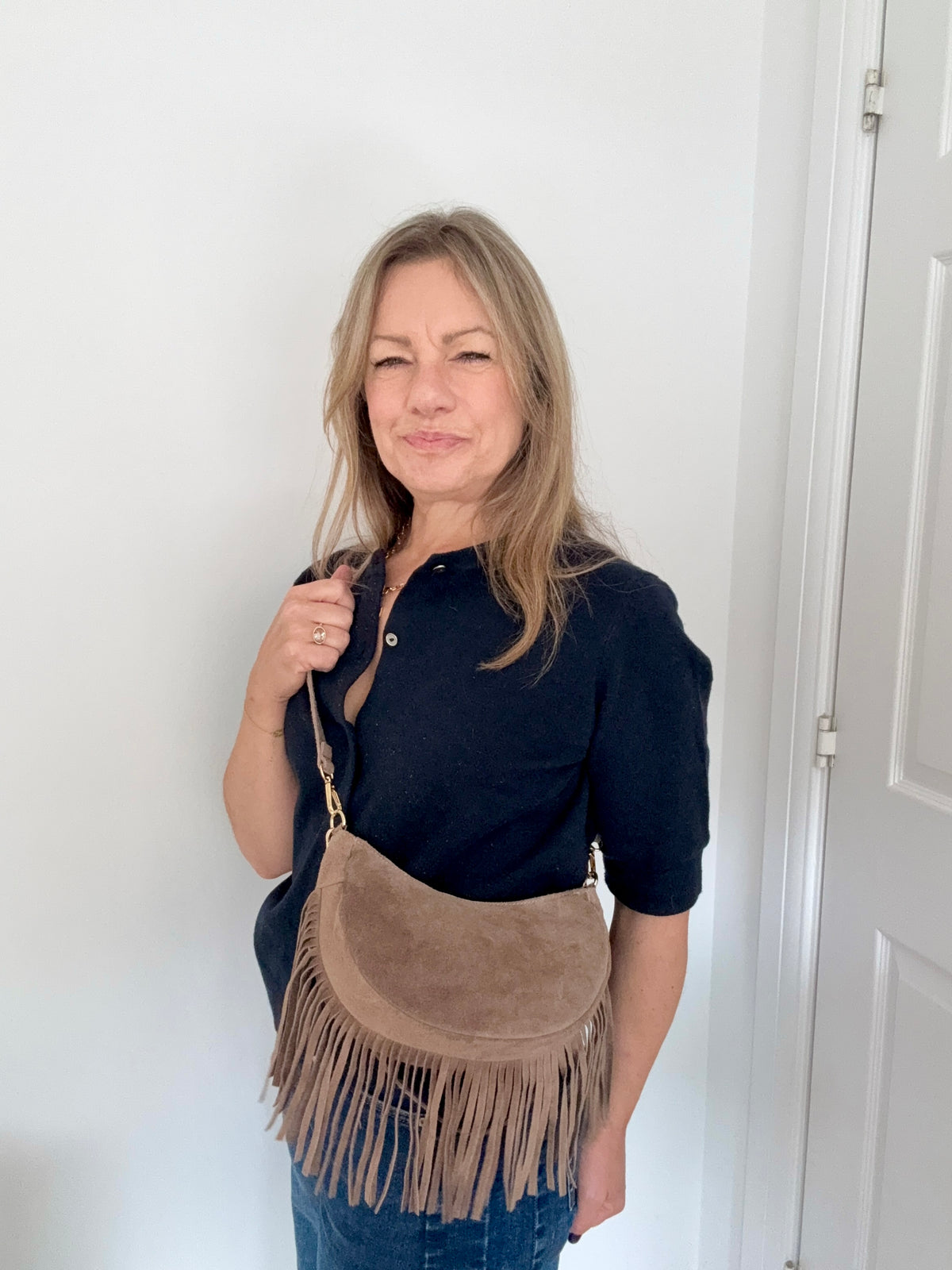 Dark Taupe Suede Fringed Shoulder/ Crossbody Bag