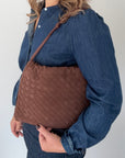 Brown Faux Suede Leather Weave Crossbody/ Clutch Bag