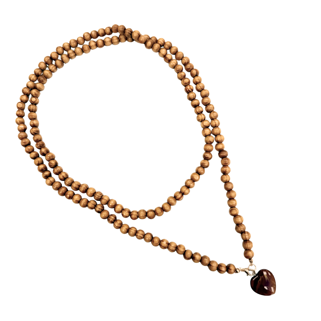 Ochre Long Wooden Beaded Necklace with Brown Resin Heart
