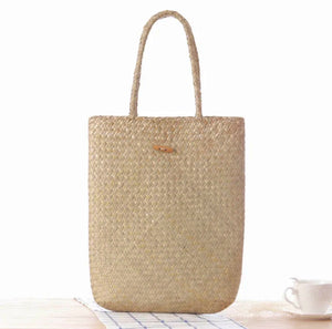 Beige Straw Tote Bag with Toggle Fastening