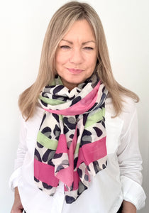 Navy Animal Print Scarf With Bright Border