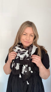 Grey & Black Animal Print Scarf with Black & White Tassels