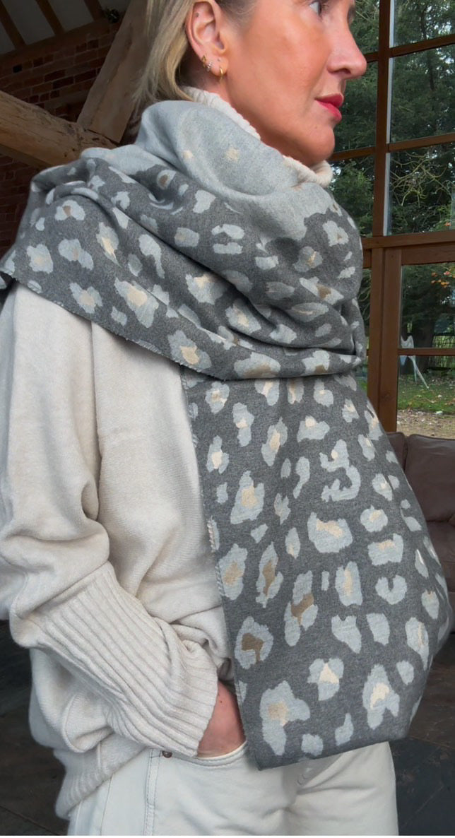 Grey & Gold Animal Print Star Scarf