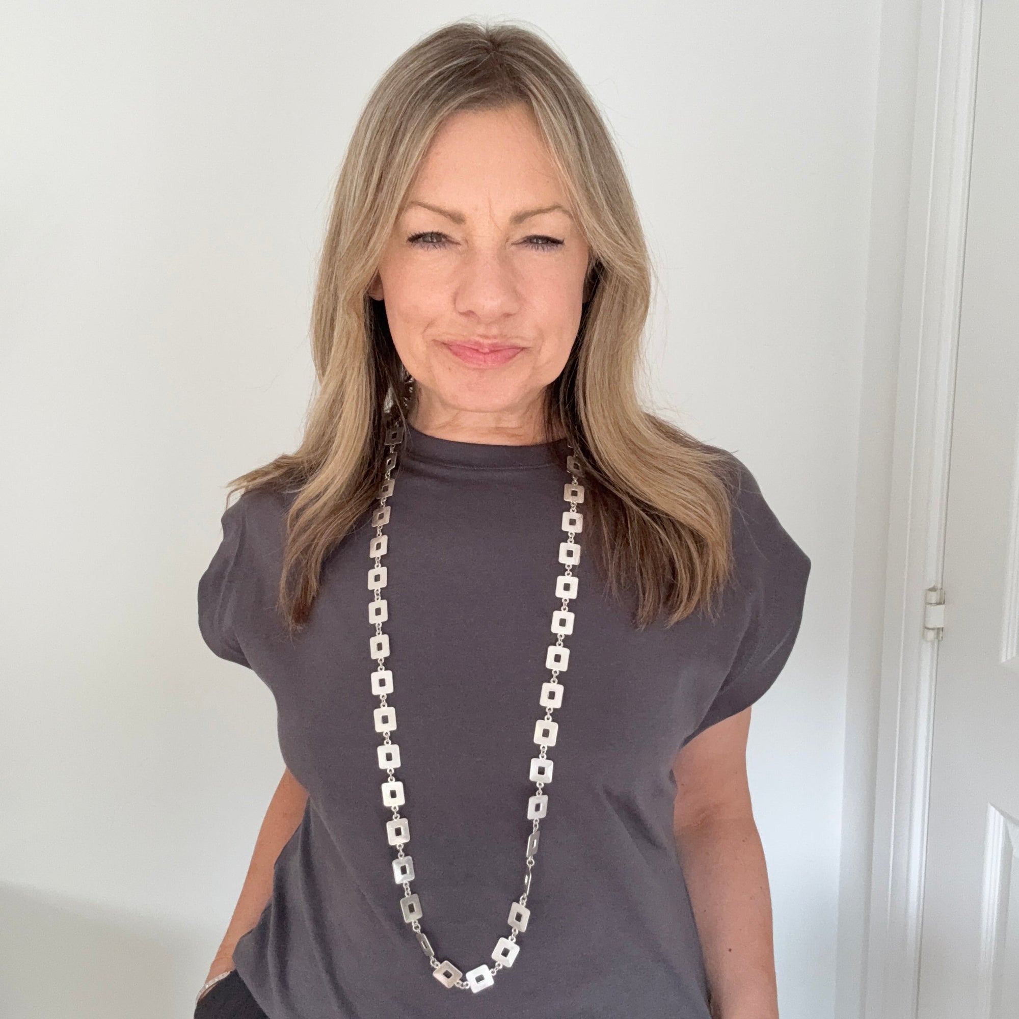 Long Brushed Silver Vintage Style Necklace