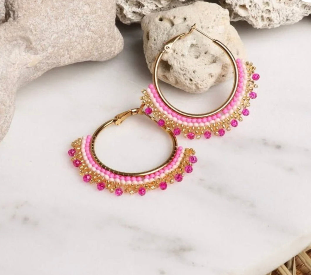 Pink & Gold Beaded Hoop Earrings