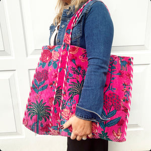 Pink Velvet Tapestry Print Large Tote Bag