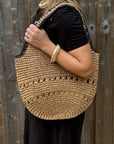 Beige & Black Raffia Shoulder Bag