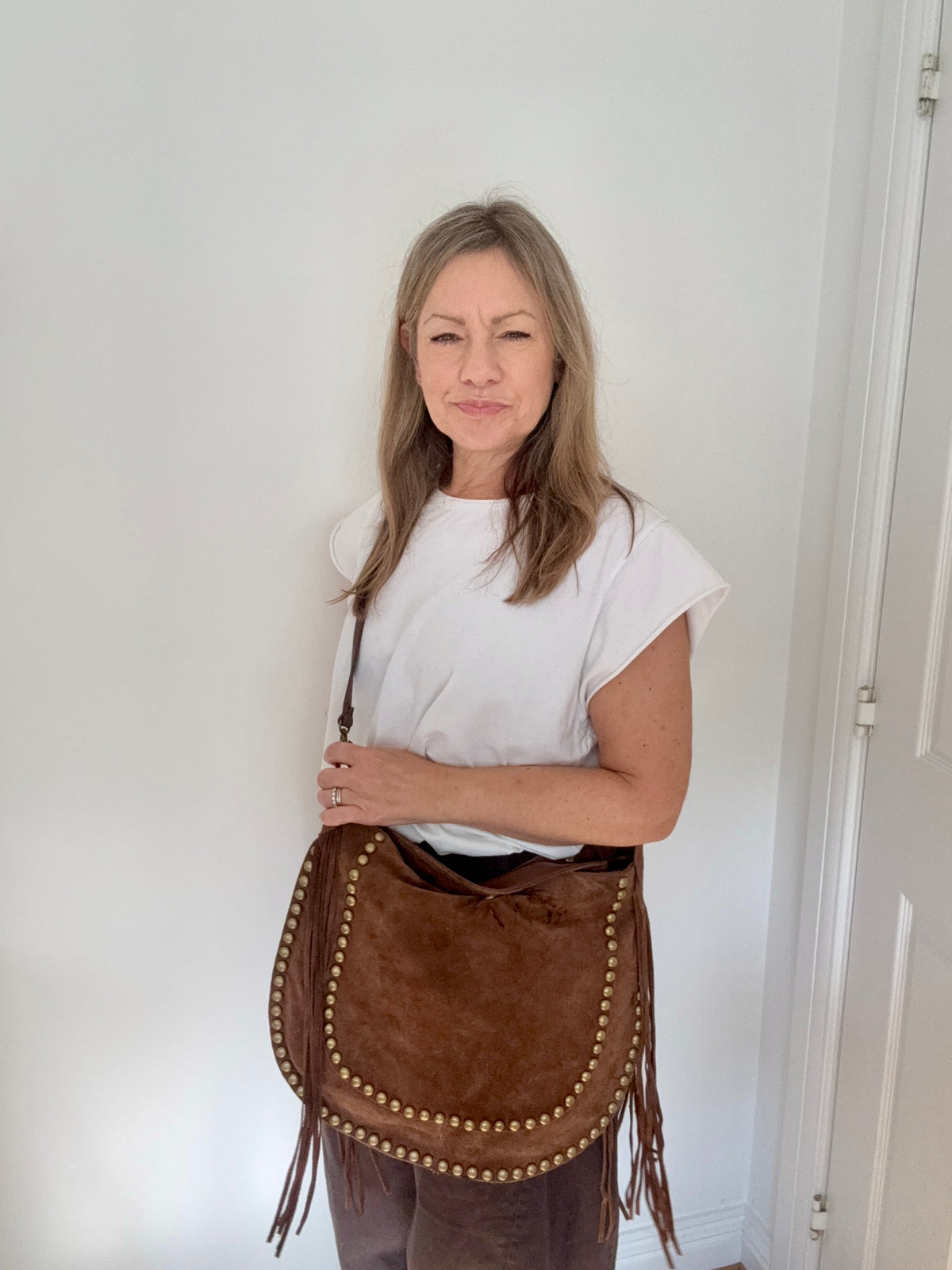 Brown Studded Suede Shoulder/ Crossbody Bag with Fringing