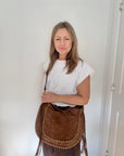 Brown Studded Suede Shoulder/ Crossbody Bag with Fringing