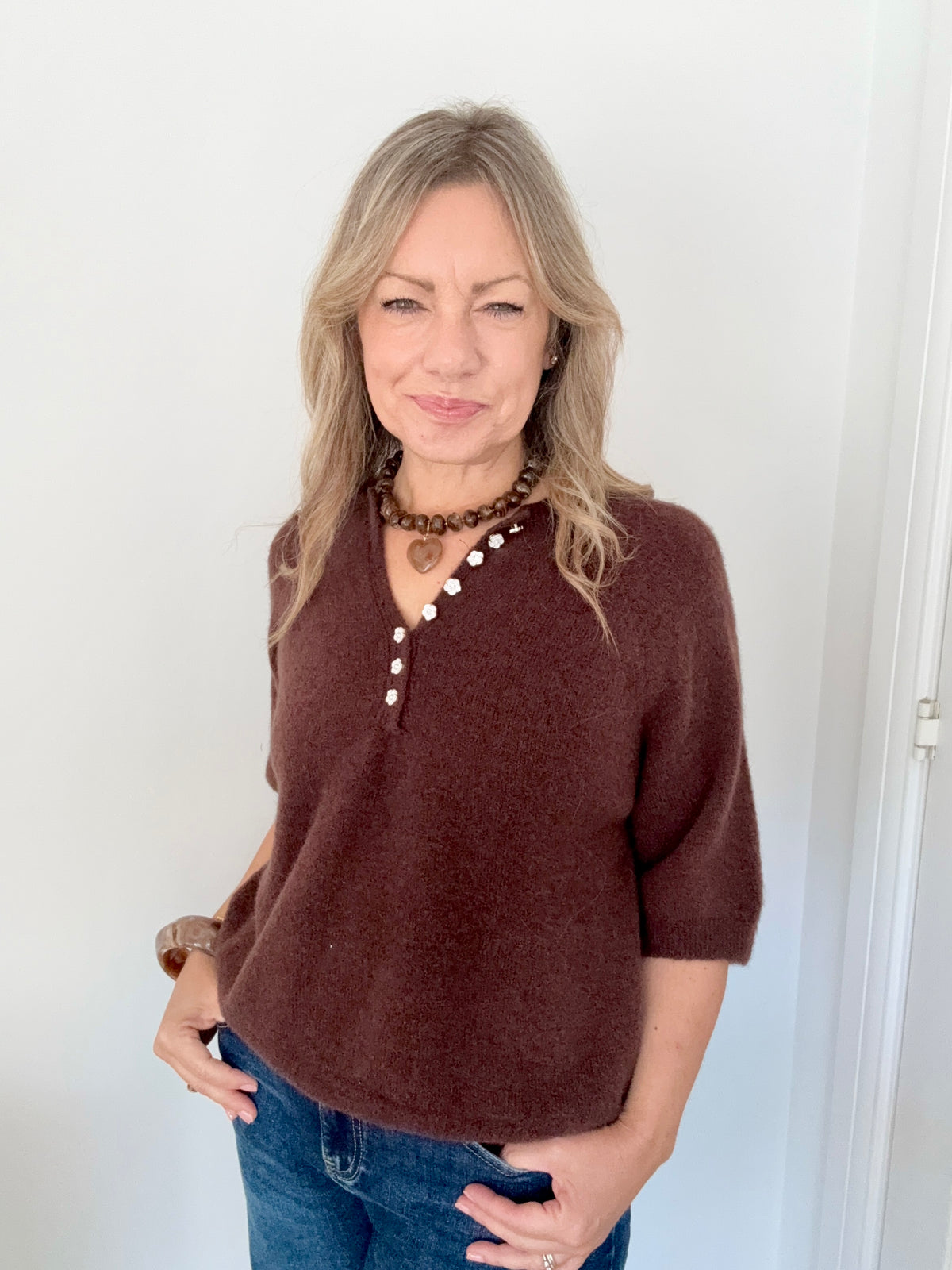 Chocolate Button Detail 3/4 Sleeve Jumper