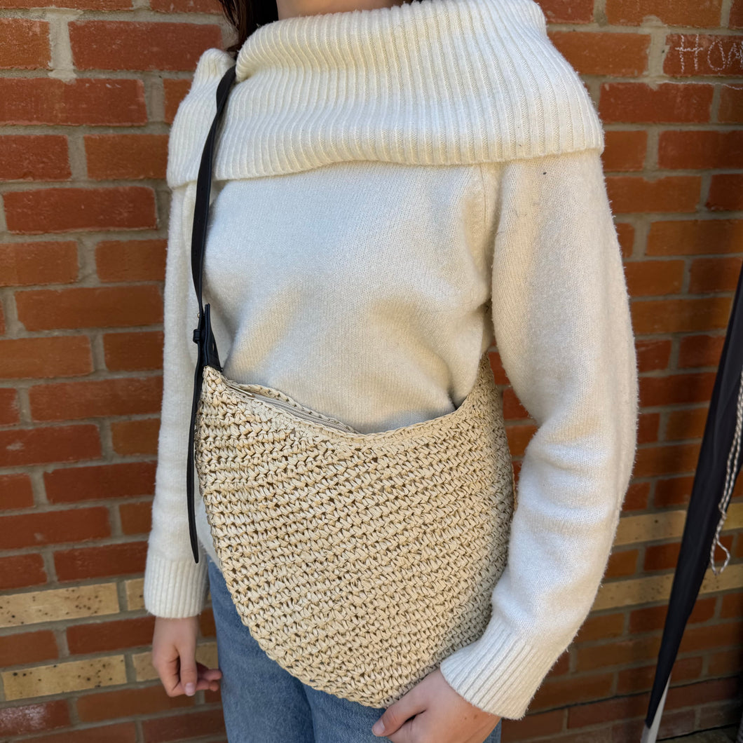 Cream & Black Raffia Crossbody Swing Bag
