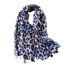 Load image into Gallery viewer, Preorder for dispatch w/c 7/10 - Blue Leopard Print Tassel Scarf
