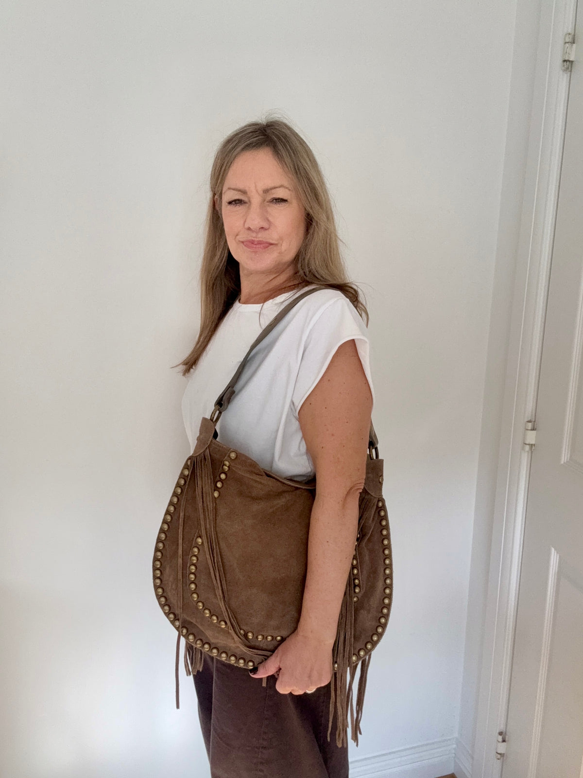 Dark Taupe Studded Suede Shoulder/ Crossbody Bag with Fringing