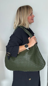 Khaki Faux Leather Weave Tote Bag