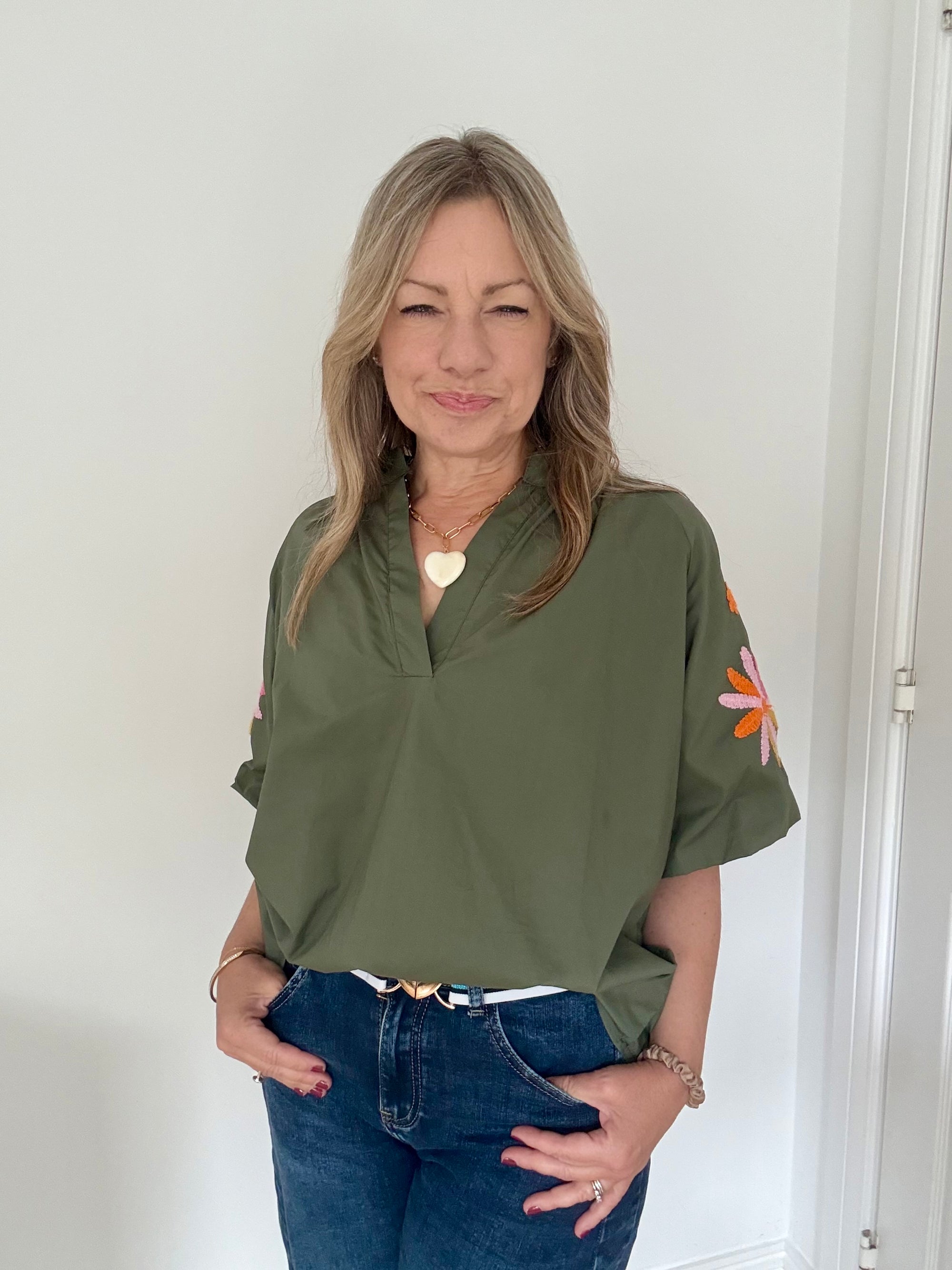 Khaki Embroidered Sleeve Cotton Blouse