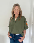 Khaki Embroidered Sleeve Cotton Blouse