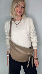 Light Taupe Large Crossbody Bum Bag - Gold Hardware