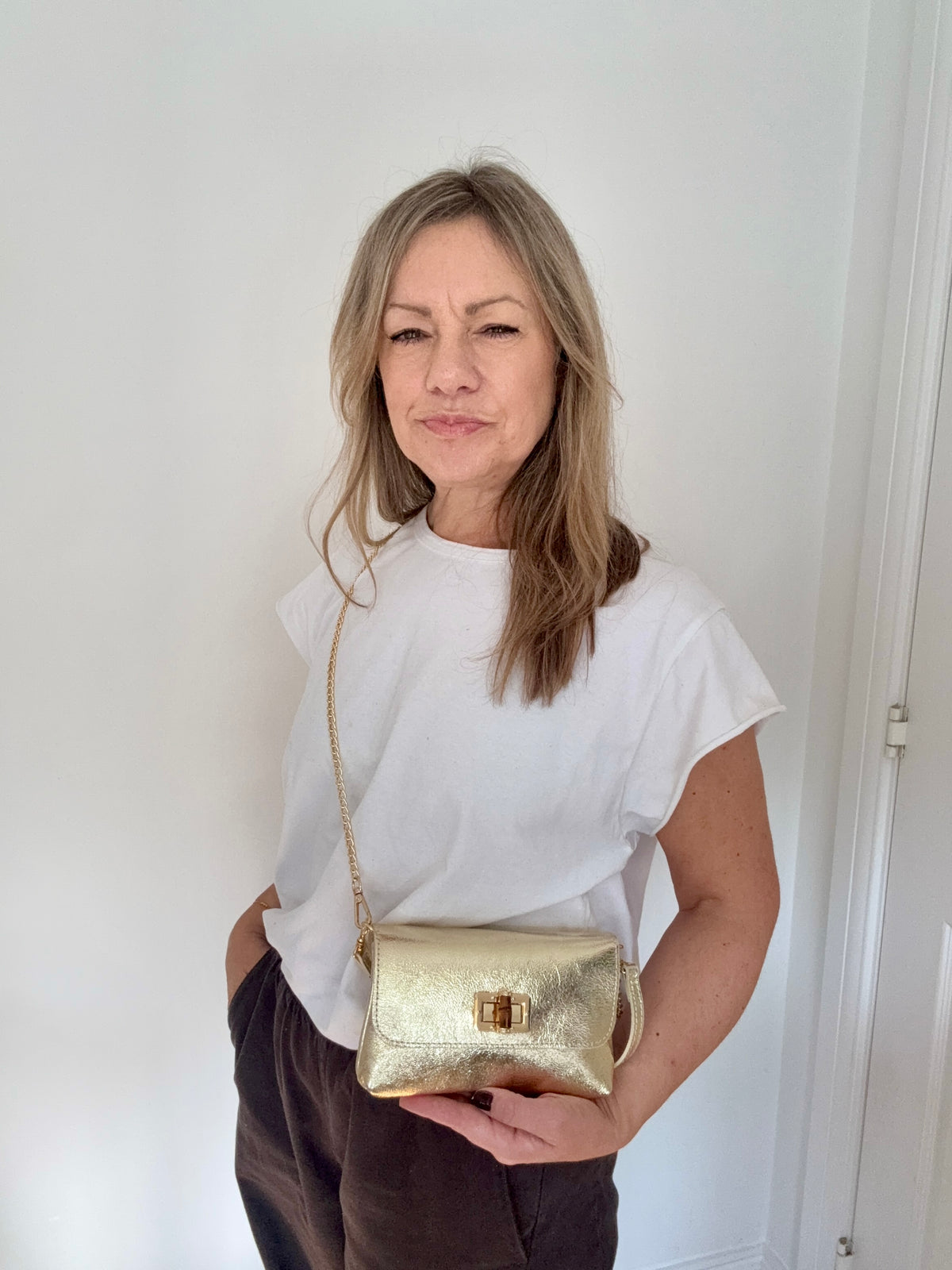 Gold Leather Clutch/ Crossbody Bag with Chain Strap &amp; Short Strap
