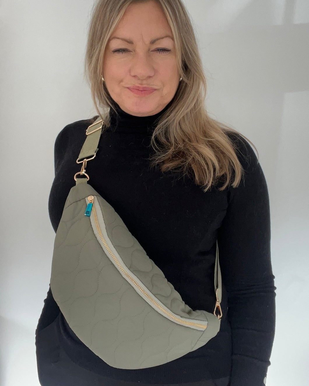 Khaki Fabric Quilted Crossbody Bum Bag