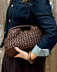 Dark Brown Woven Raffia Structured Clutch/ Crossbody Bag
